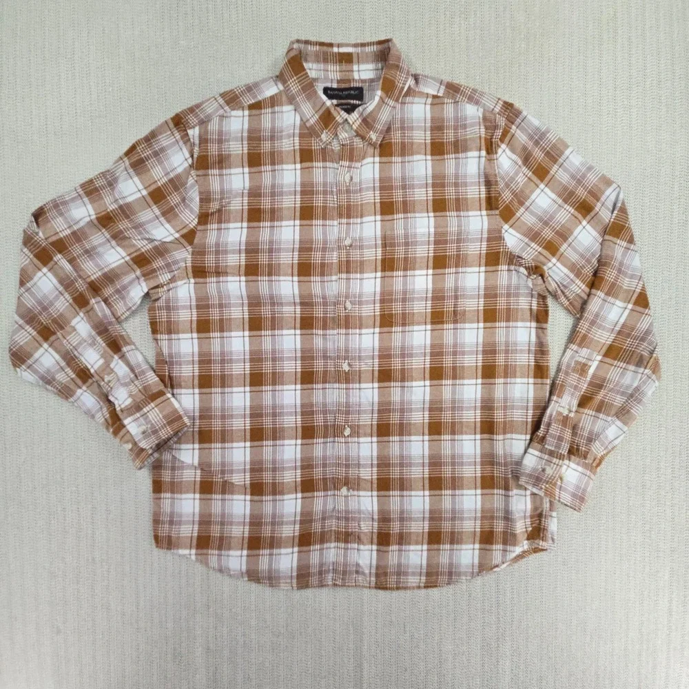 Banana Republic Shirt Mens Large Brown White Plaid Long Sleeve Untucked Fit